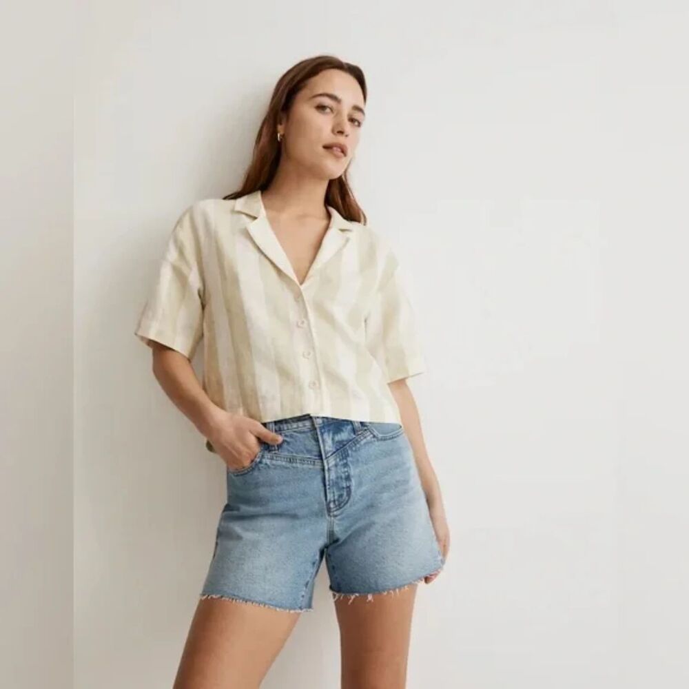 Madewell 100% Linen Resort Crop Shirt in Springy Stripe Faded Seagrass Medium